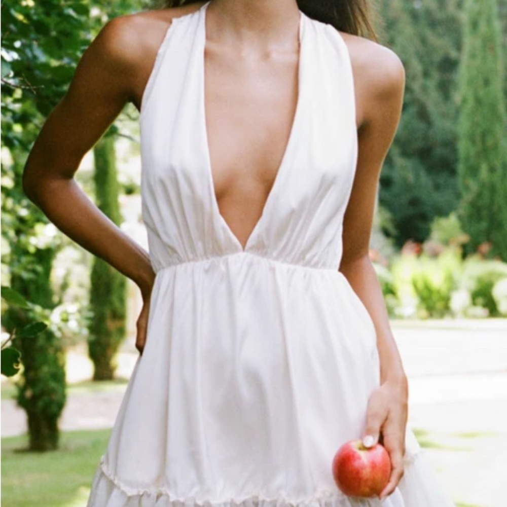 White Ruffled Tie Front Halter Sundress